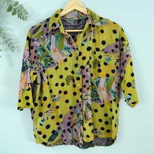 Vintage Top Whimsigoth Abstract Fairy Grunge Polka Dot Button Up Green Yellow